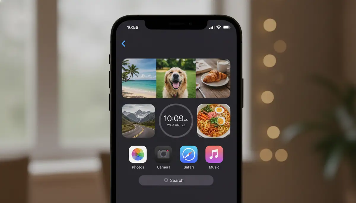 A clean, modern iPhone home screen displaying various photo widgets with vibrant, personal images, set against a blurred background., high-quality photography, professional lighting, sharp focus, realistic, detailed