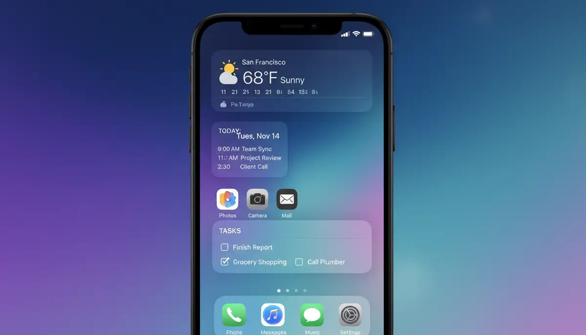 A clean, modern iPhone home screen displaying various useful widgets for weather, calendar, and tasks, with a sleek background., high-quality photography, professional lighting, sharp focus, realistic, detailed