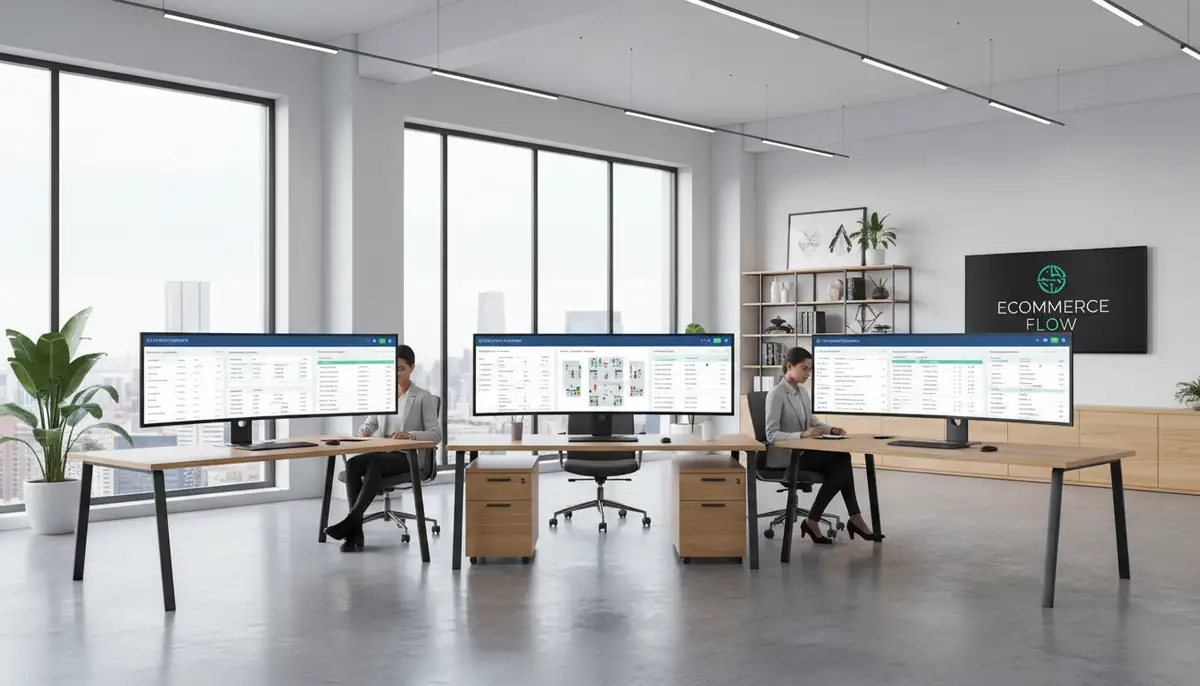 A clean, modern office space with multiple screens showing integrated accounting and inventory systems, symbolizing streamlined ecommerce operations.