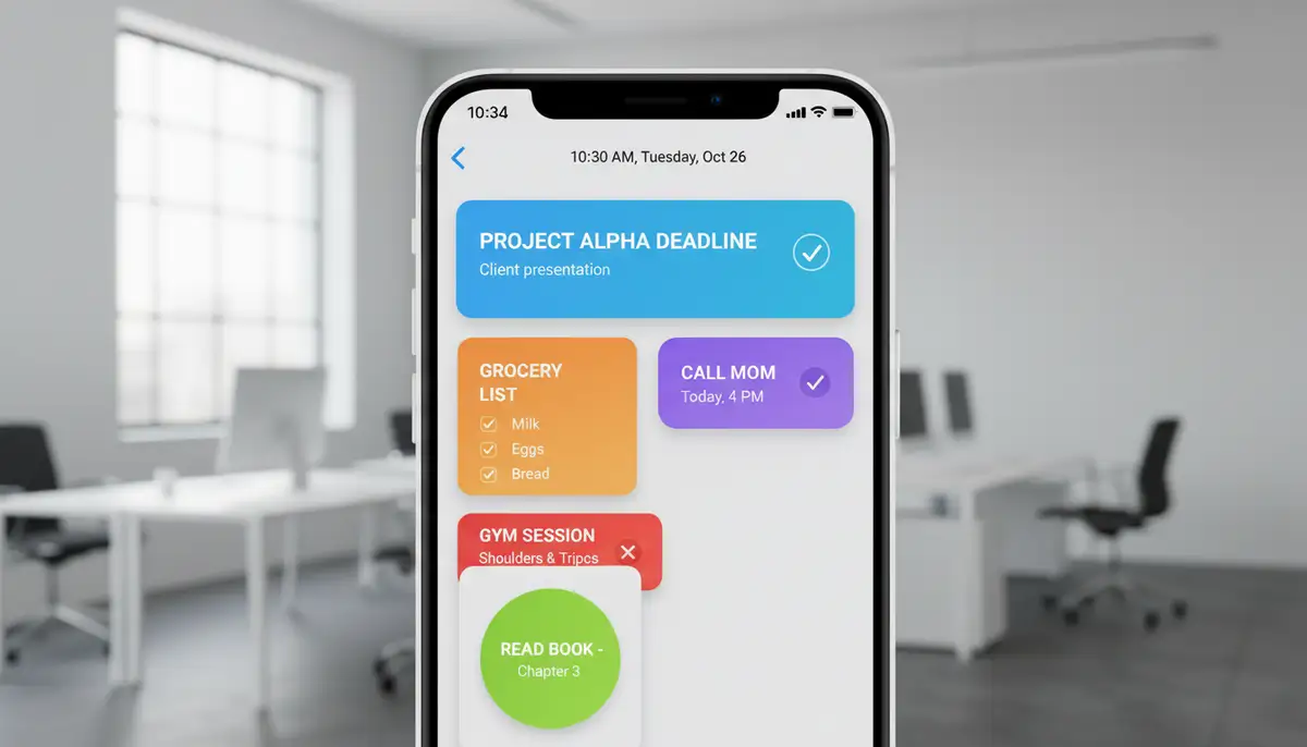 A clean, modern smartphone home screen displaying several interactive reminders app widgets with different colors and tasks, some completed, some pending, set against a blurred office background., high-quality photography, professional lighting, sharp focus, realistic, detailed
