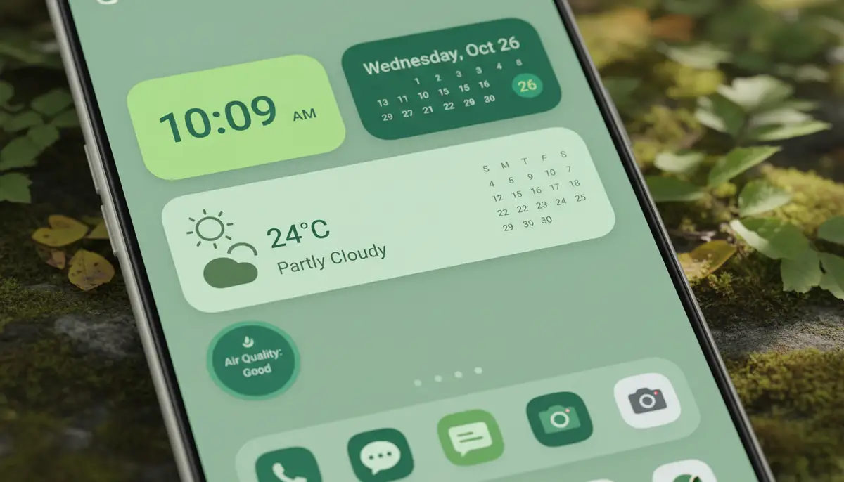 A clean, modern smartphone home screen displaying various shades of green widgets, including a clock, calendar, and weather widget, with a subtle natural background., high-quality photography, professional lighting, sharp focus, realistic, detailed