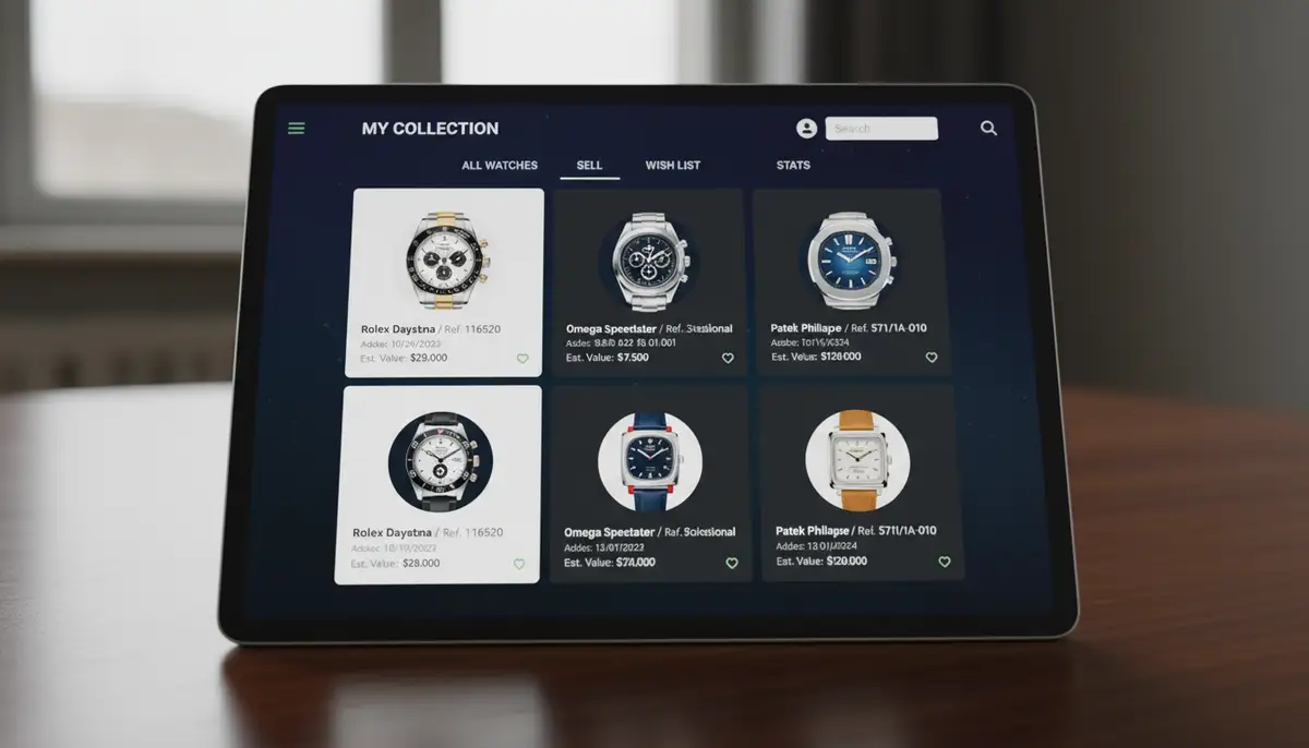 A clean, modern user interface of the Chrono24 Watch Collection app on a tablet, showcasing various watch models and their data., high-quality photography, professional lighting, sharp focus, realistic, detailed
