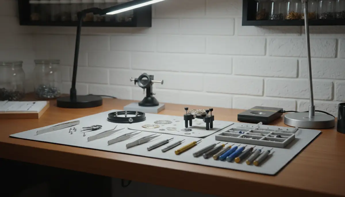A clean, organized workbench with various watch repair tools (tweezers, screwdrivers, case opener) laid out, ready for use., high-quality photography, professional lighting, sharp focus, realistic, detailed