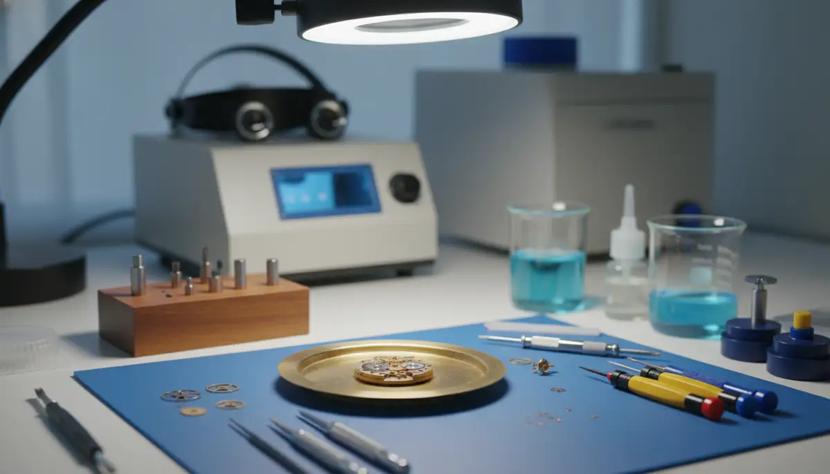 A clean, well-lit watchmaker's workbench with various watch tools, cleaning solutions, and a partially assembled mechanical watch movement., high-quality photography, professional lighting, sharp focus, realistic, detailed
