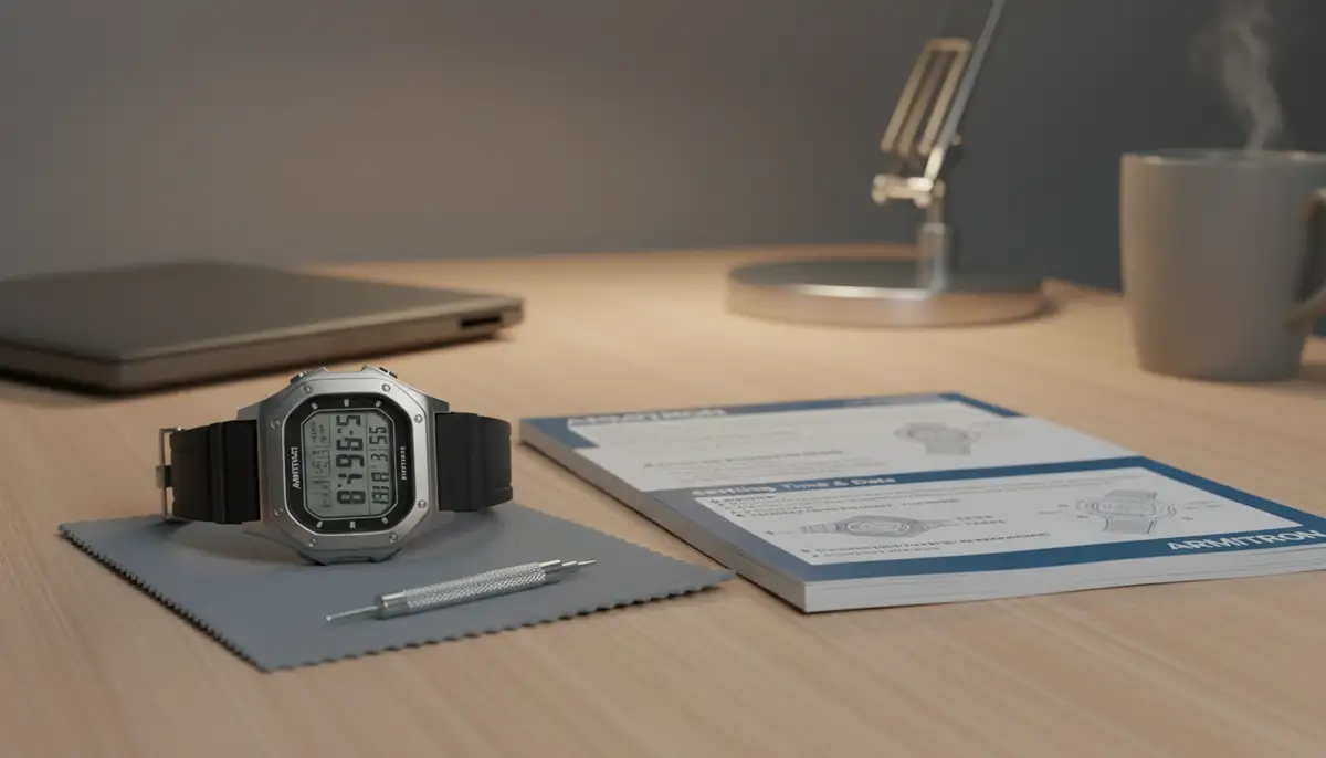 A clean, well-organized desk with an open Armitron watch manual, a small tool for pressing recessed buttons, and a stylish Armitron watch in the foreground., high-quality photography, professional lighting, sharp focus, realistic, detailed