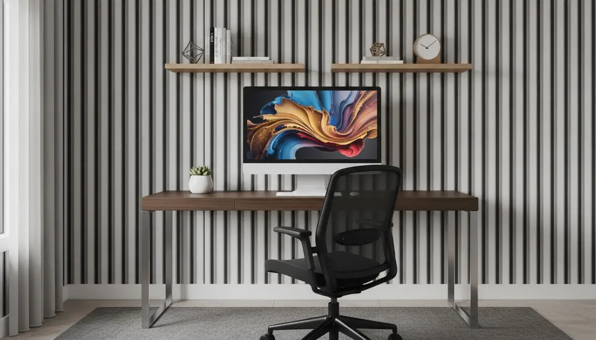 A clean, well-organized home office featuring a striped black and white wallpaper, a sleek desk, and a high-resolution monitor displaying abstract digital art., high-quality photography, professional lighting, sharp focus, realistic, detailed