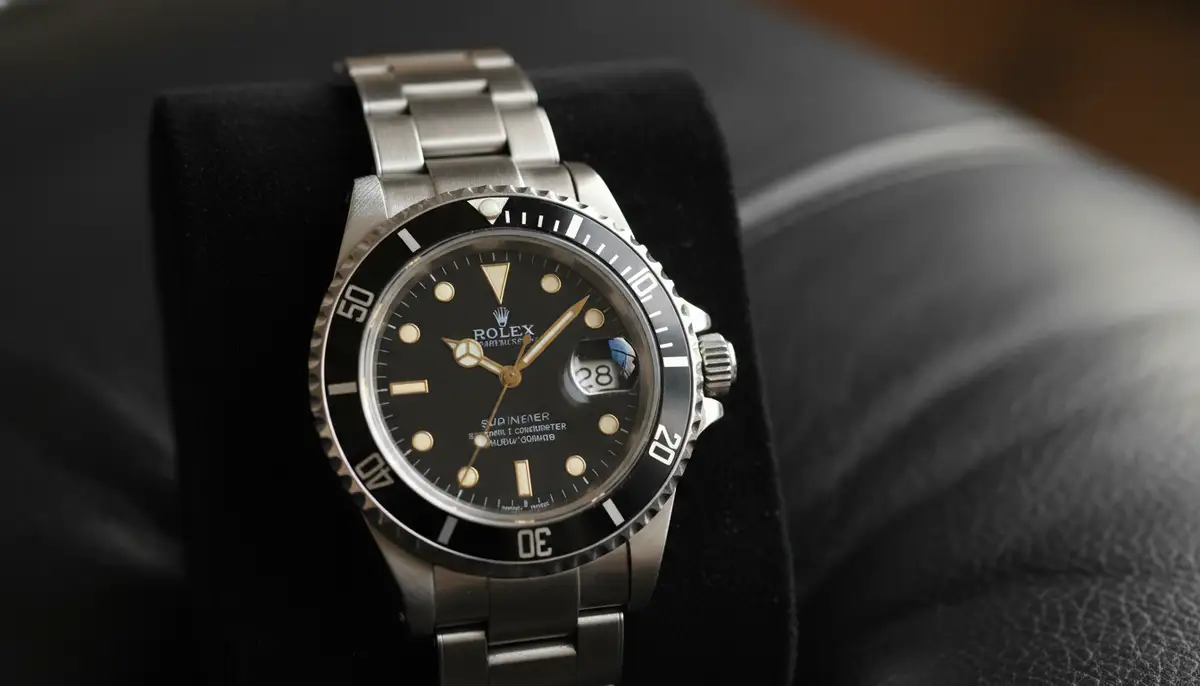 A close-up, high-detail shot of a classic Rolex watch face and bracelet, emphasizing intricate craftsmanship and luxury materials., high-quality photography, professional lighting, sharp focus, realistic, detailed