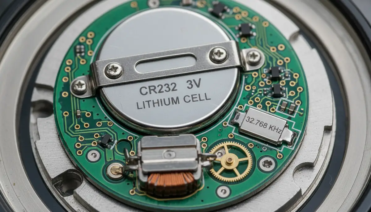 A close-up, high-resolution shot of a modern quartz watch movement, highlighting the battery, quartz crystal, and stepping motor., high-quality photography, professional lighting, sharp focus, realistic, detailed