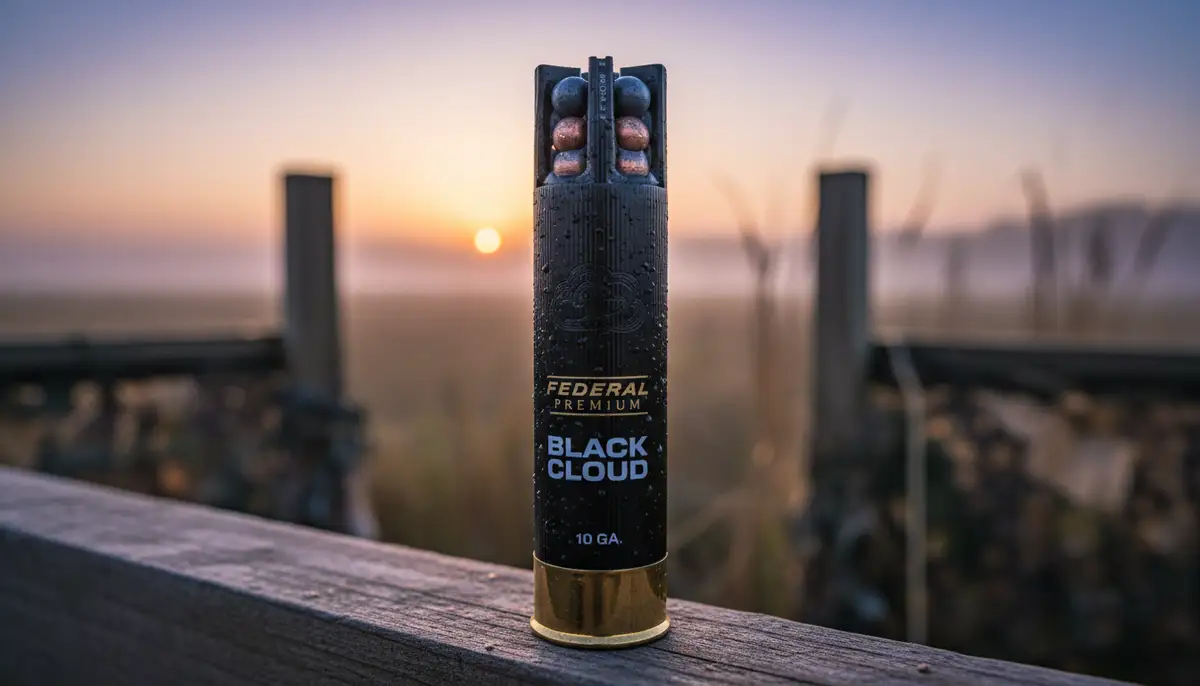 A close-up of a 10 gauge Black Cloud shotgun shell, showcasing its distinctive design and the Federal Premium logo, with a blurred background of a duck blind at dawn., high-quality photography, professional lighting, sharp focus, realistic, detailed