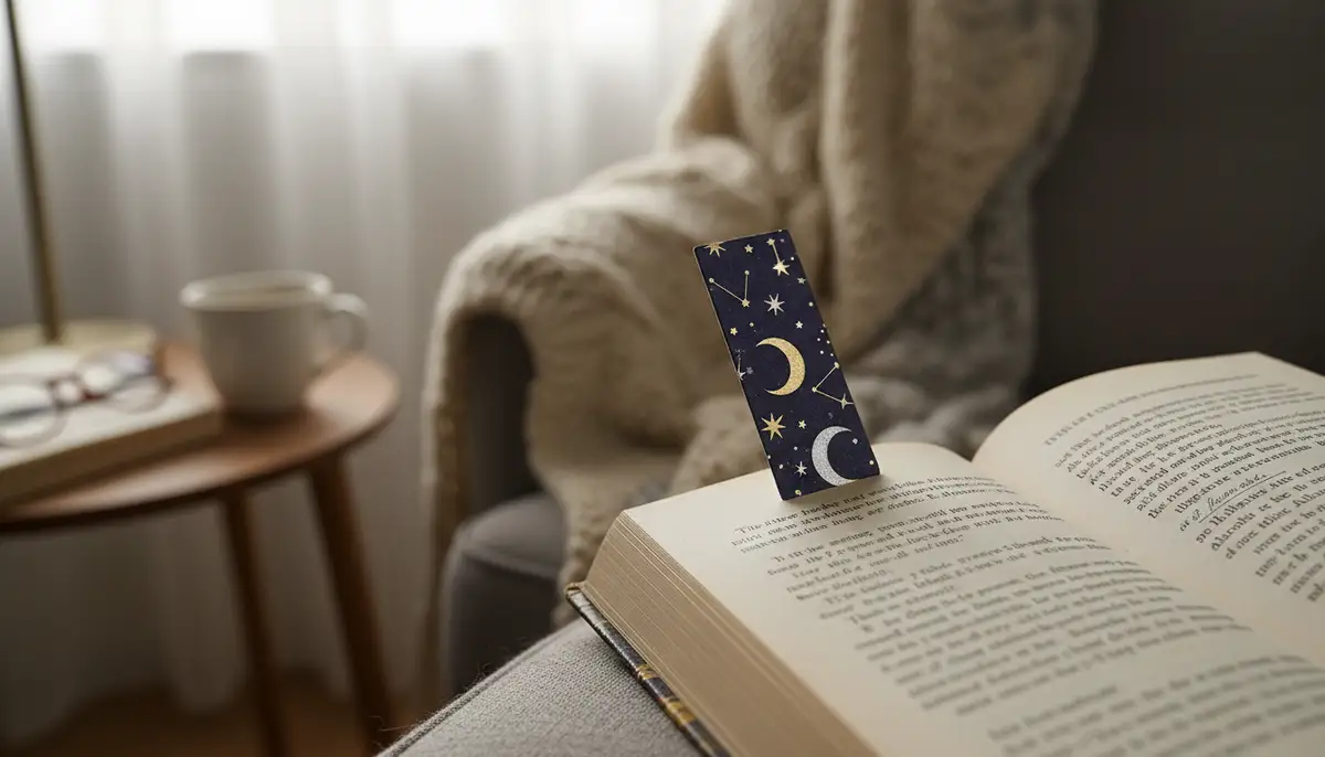 A close-up of a beautifully designed magnetic bookmark clipped onto a page of a novel, featuring a celestial or geometric pattern, on a cozy reading nook background., high-quality photography, professional lighting, sharp focus, realistic, detailed