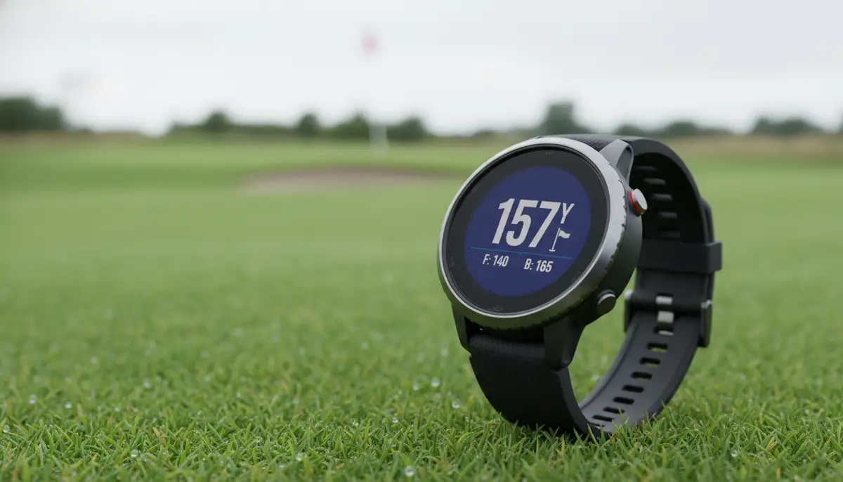 A close-up of a dedicated golf watch displaying yardage to the pin, with a golf course in soft focus behind it, clear and crisp., high-quality photography, professional lighting, sharp focus, realistic, detailed
