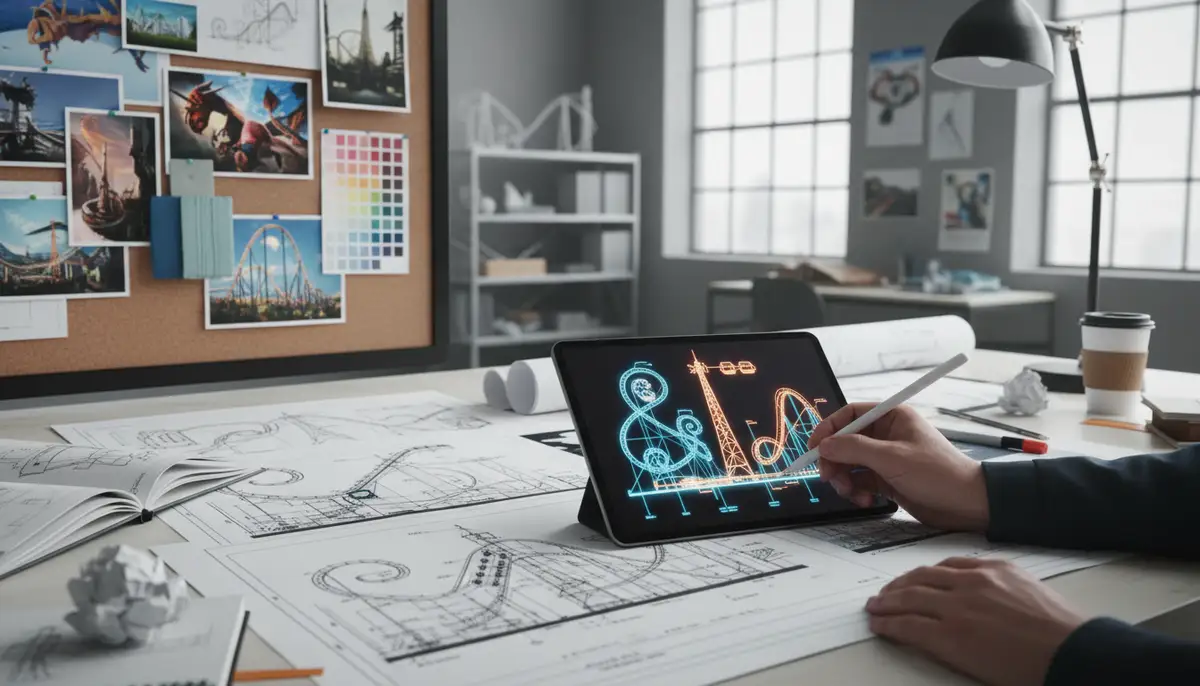 A close-up of a designer's hand using a stylus on a tablet, sketching initial concepts for a new ride, surrounded by technical drawings and creative mood boards, illustrating the creative process of an amusement ride designer., high-quality photography, professional lighting, sharp focus, realistic, detailed