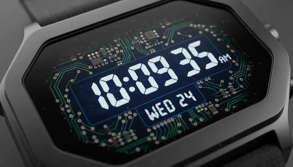 A close-up of a digital watch's LCD screen displaying time clearly, with subtle electronic circuit patterns in the background, vibrant and modern., high-quality photography, professional lighting, sharp focus, realistic, detailed