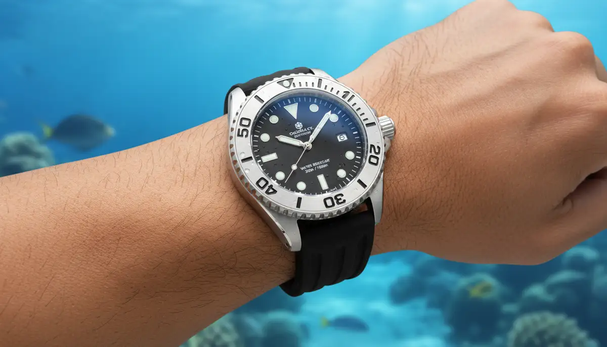A close-up of a diver's watch on a wrist, showing its robust features and water resistance, with a blurred ocean background., high-quality photography, professional lighting, sharp focus, realistic, detailed
