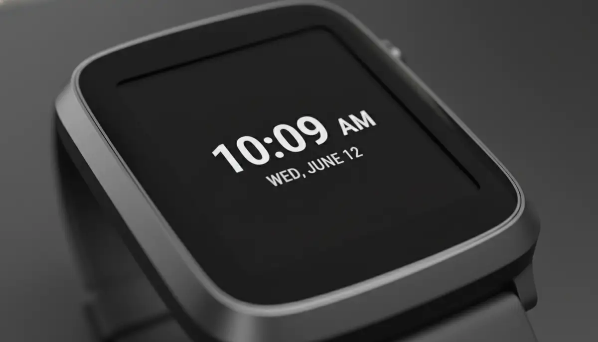 A close-up of a Fitbit screen showing a sleek, minimalist watch face with only time and date, emphasizing clean design and readability., high-quality photography, professional lighting, sharp focus, realistic, detailed