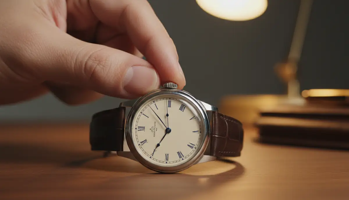 A close-up of a hand carefully pulling out the crown of a classic mechanical watch, with a blurred background of a desk., high-quality photography, professional lighting, sharp focus, realistic, detailed