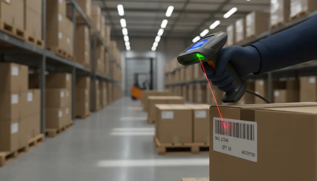 A close-up of a hand holding a barcode scanner, successfully scanning a product label, with a blurred background of a well-organized warehouse.