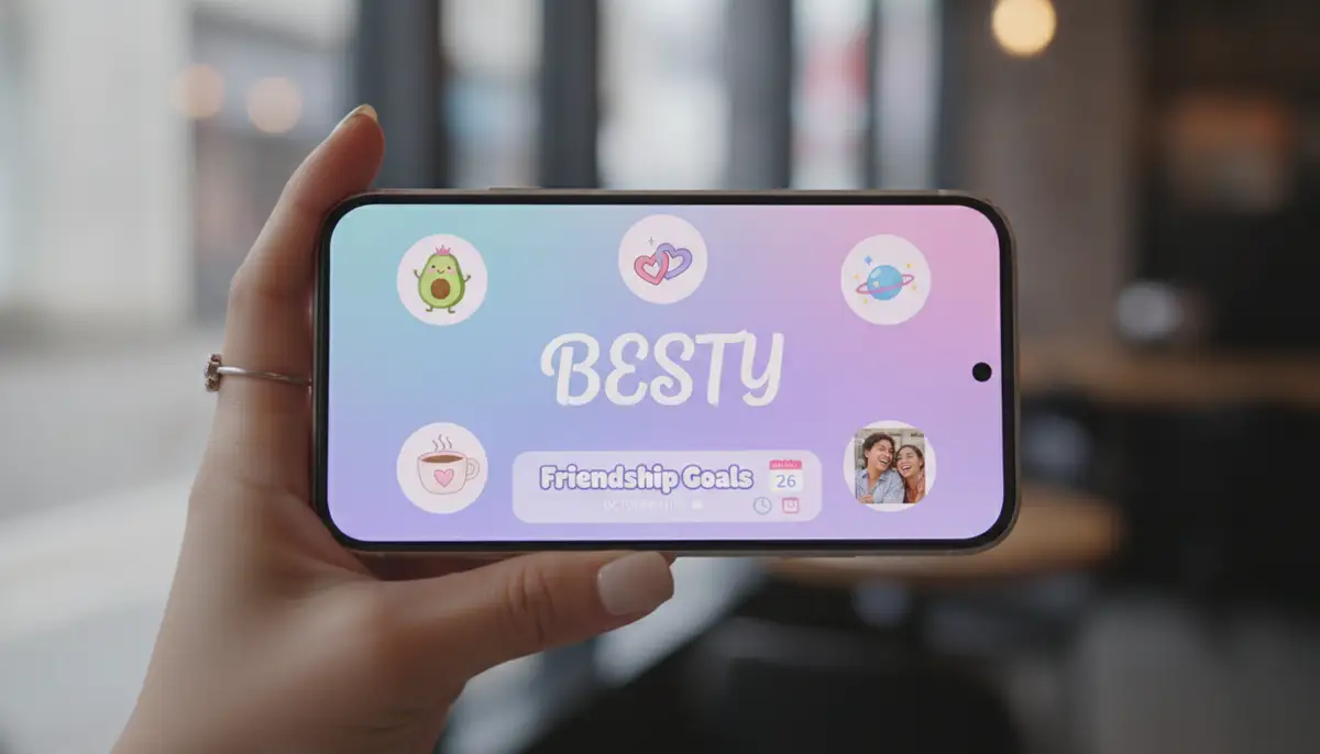 A close-up of a hand holding a smartphone, displaying a 'besty wallpaper' being customized with various icons and widgets on the screen., high-quality photography, professional lighting, sharp focus, realistic, detailed