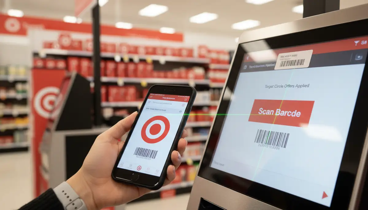 A close-up of a hand holding a smartphone, scanning a barcode for a Target Circle offer at a self-checkout kiosk in a well-lit Target store., high-quality photography, professional lighting, sharp focus, realistic, detailed