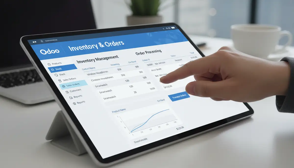 A close-up of a hand interacting with a tablet displaying an Odoo ecommerce backend, showing inventory management and order processing features.