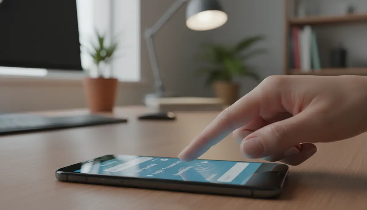 A close-up of a hand interacting with an Android notes widget, tapping to add a new reminder or check off a task, with a blurred office background., high-quality photography, professional lighting, sharp focus, realistic, detailed