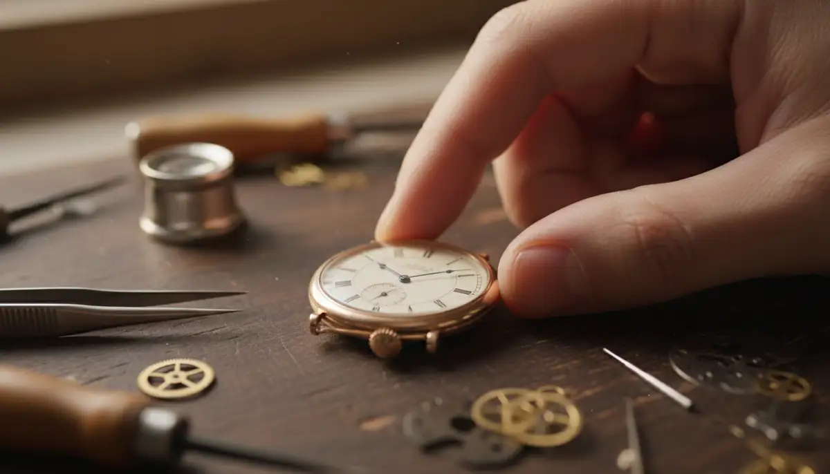A close-up of a hand setting the crown of a classic mechanical watch, with precision tools visible in a soft-focus background., high-quality photography, professional lighting, sharp focus, realistic, detailed