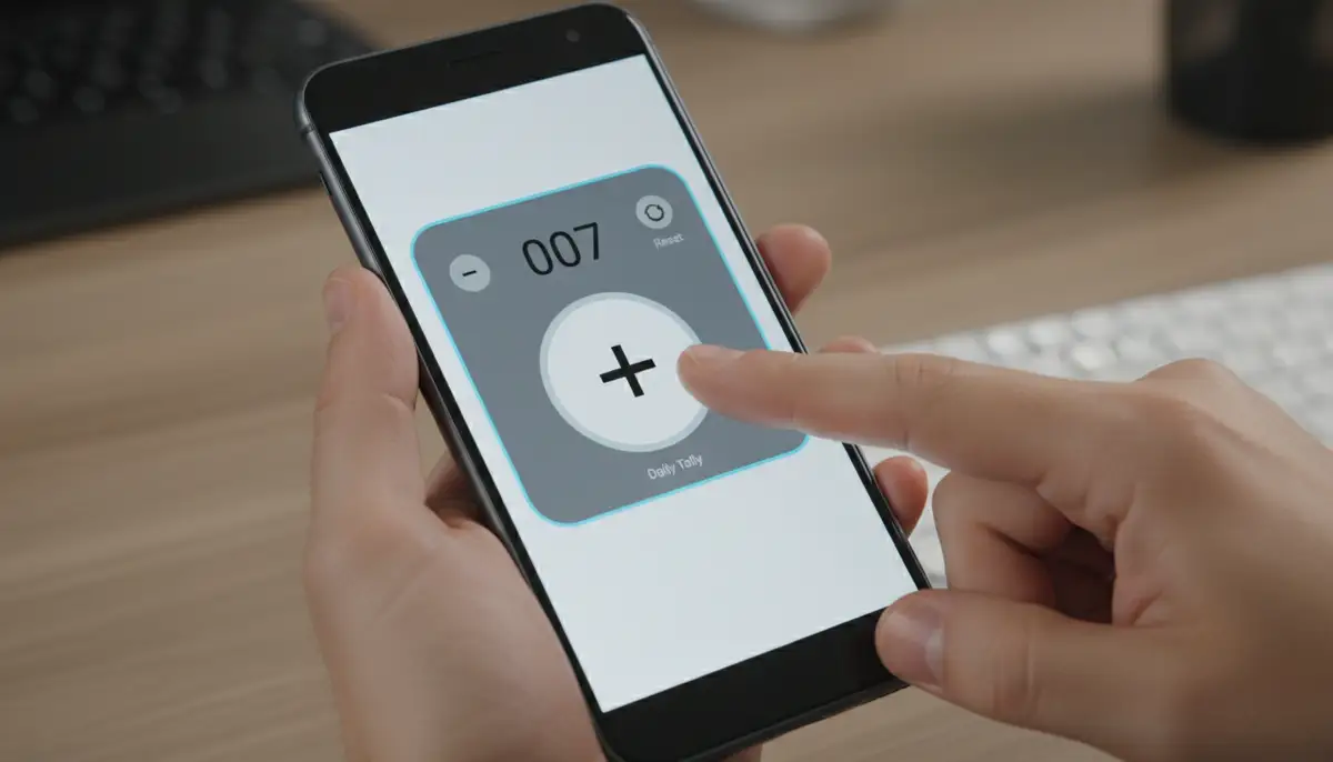 A close-up of a hand tapping a digital counter widget on an Android phone, showing a clear, intuitive interface for incrementing counts., high-quality photography, professional lighting, sharp focus, realistic, detailed