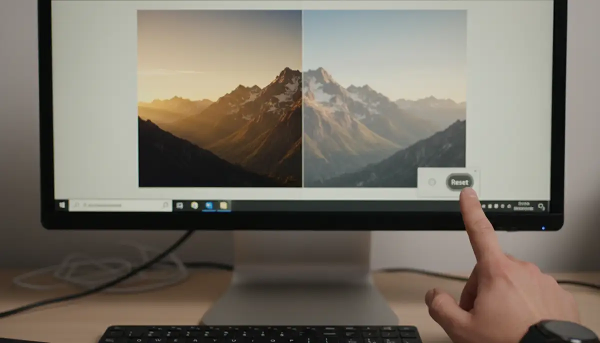 A close-up of a hand using a mouse to click the 'Reset' button in Lightroom's Develop module, with a photo on screen transitioning from a preset look to its original state., high-quality photography, professional lighting, sharp focus, realistic, detailed