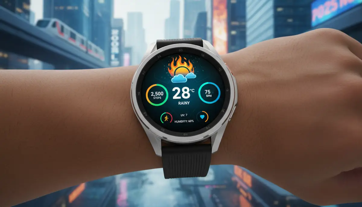 A close-up of a Samsung Galaxy Watch 6 on a wrist, displaying a vibrant, data-rich digital watch face with weather and steps, set against a modern urban background, 2025 aesthetic., high-quality photography, professional lighting, sharp focus, realistic, detailed