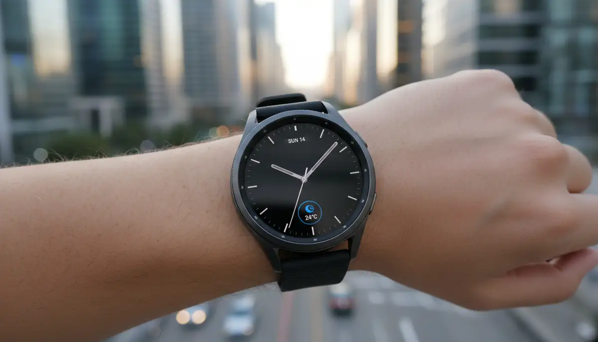 A close-up of a Samsung Galaxy Watch 8 on a wrist, displaying a sleek, minimalist watch face with subtle complications, set against a modern, blurred urban background., high-quality photography, professional lighting, sharp focus, realistic, detailed