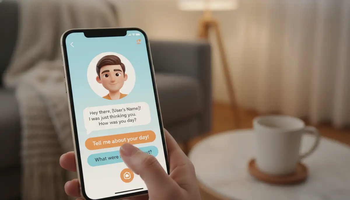 A close-up of a smartphone screen displaying a friendly AI boyfriend app interface, with a user's hand gently holding the phone, blurred background of a cozy room., high-quality photography, professional lighting, sharp focus, realistic, detailed