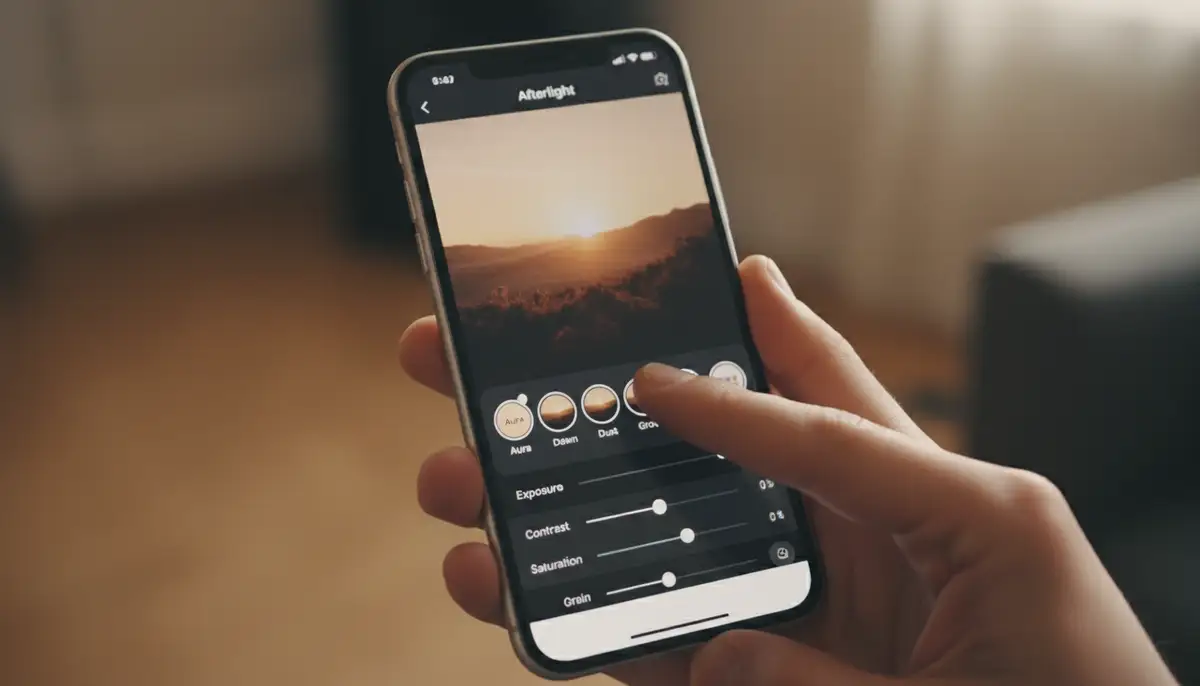 A close-up of a smartphone screen displaying the Afterlight app interface with various film presets and editing sliders, a hand is interacting with the screen., high-quality photography, professional lighting, sharp focus, realistic, detailed