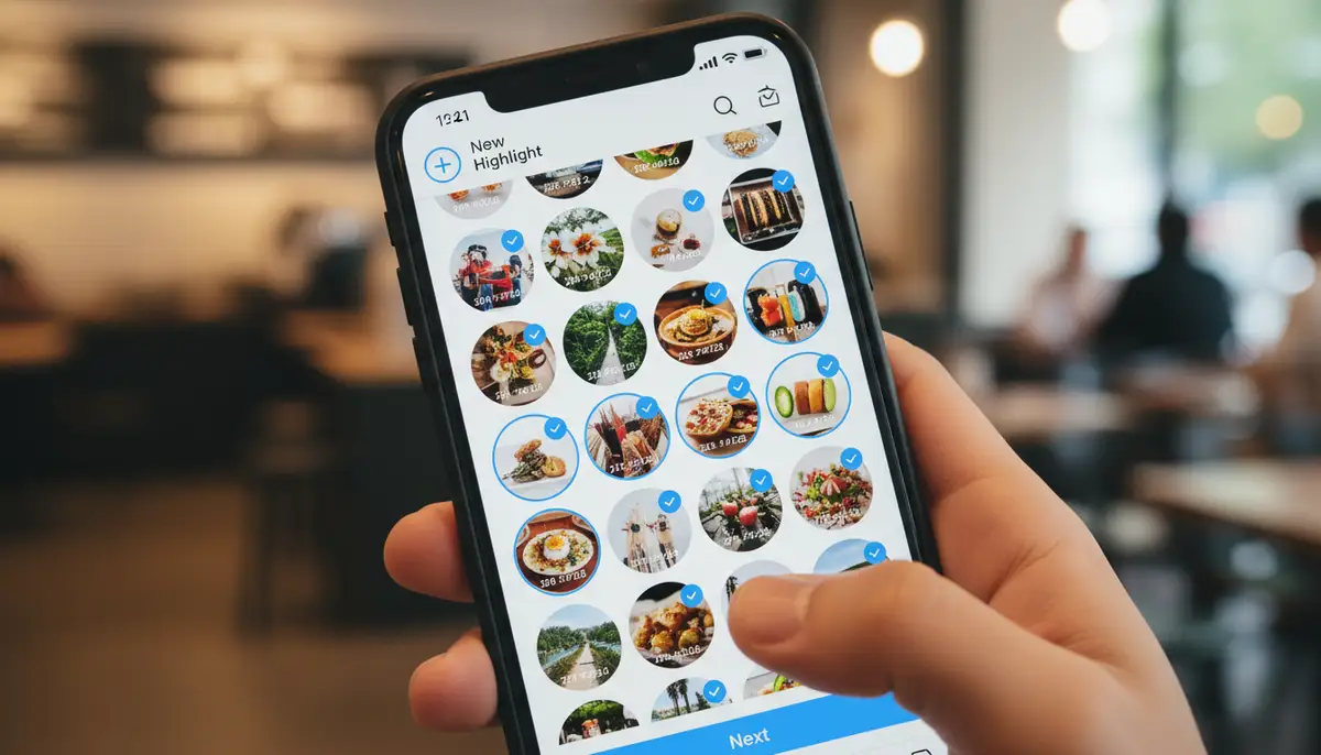 A close-up of a smartphone screen displaying the Instagram 'New Highlight' creation process, with stories being selected from the archive., high-quality photography, professional lighting, sharp focus, realistic, detailed