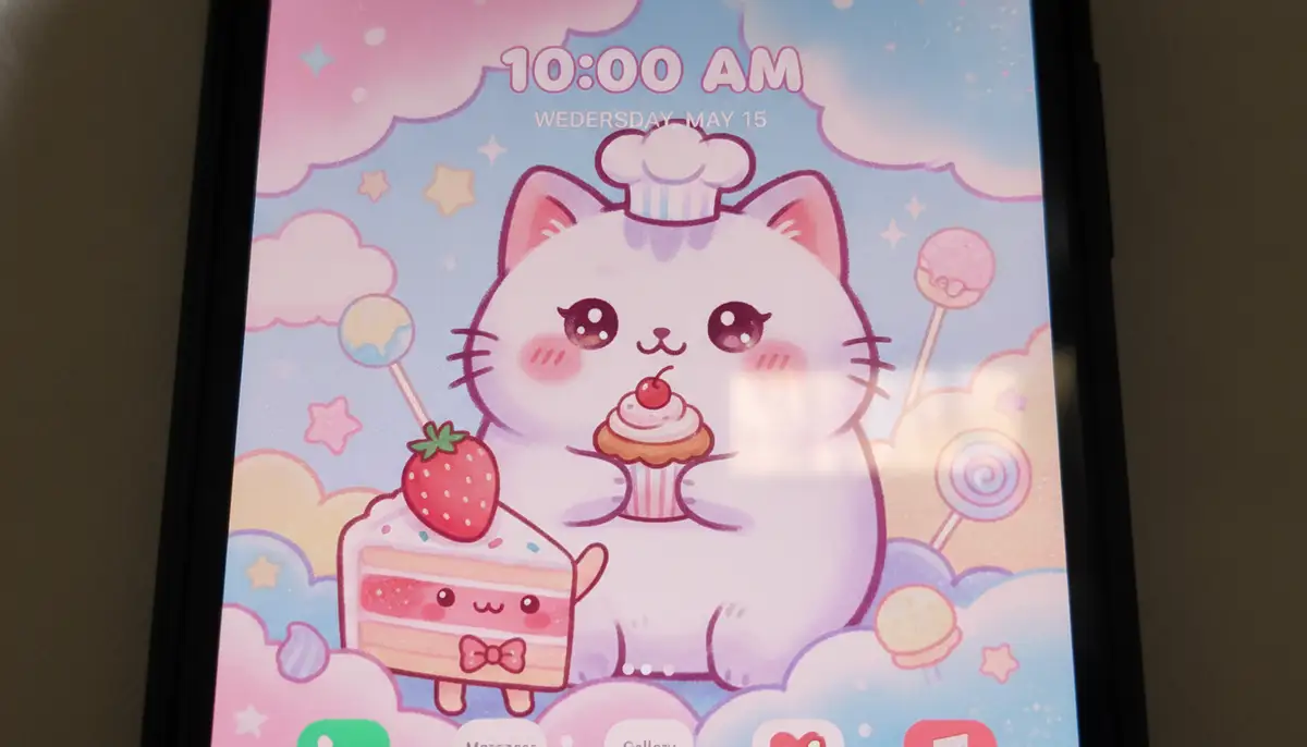 A close-up of a smartphone screen showing a highly detailed cute and kawaii wallpaper featuring a popular character like a happy cat or a smiling dessert, vibrant and inviting., high-quality photography, professional lighting, sharp focus, realistic, detailed