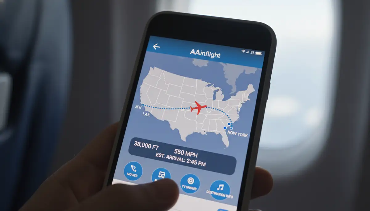 A close-up of a smartphone screen showing the American Airlines flight map feature within the aainflight app, tracking a plane's progress., high-quality photography, professional lighting, sharp focus, realistic, detailed