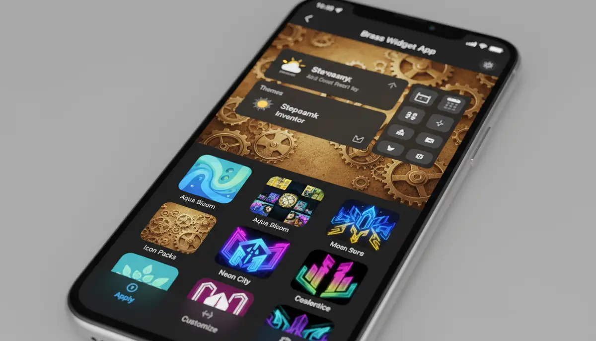 A close-up of a smartphone screen showing the Brass Widget App interface, with various theme options and icon packs being previewed, clean UI, bright colors., high-quality photography, professional lighting, sharp focus, realistic, detailed