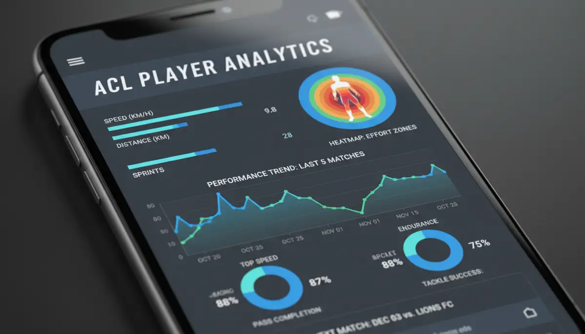 A close-up of a smartphone screen showing the detailed statistics and analytics section of the ACL Player App, with graphs and performance metrics., high-quality photography, professional lighting, sharp focus, realistic, detailed