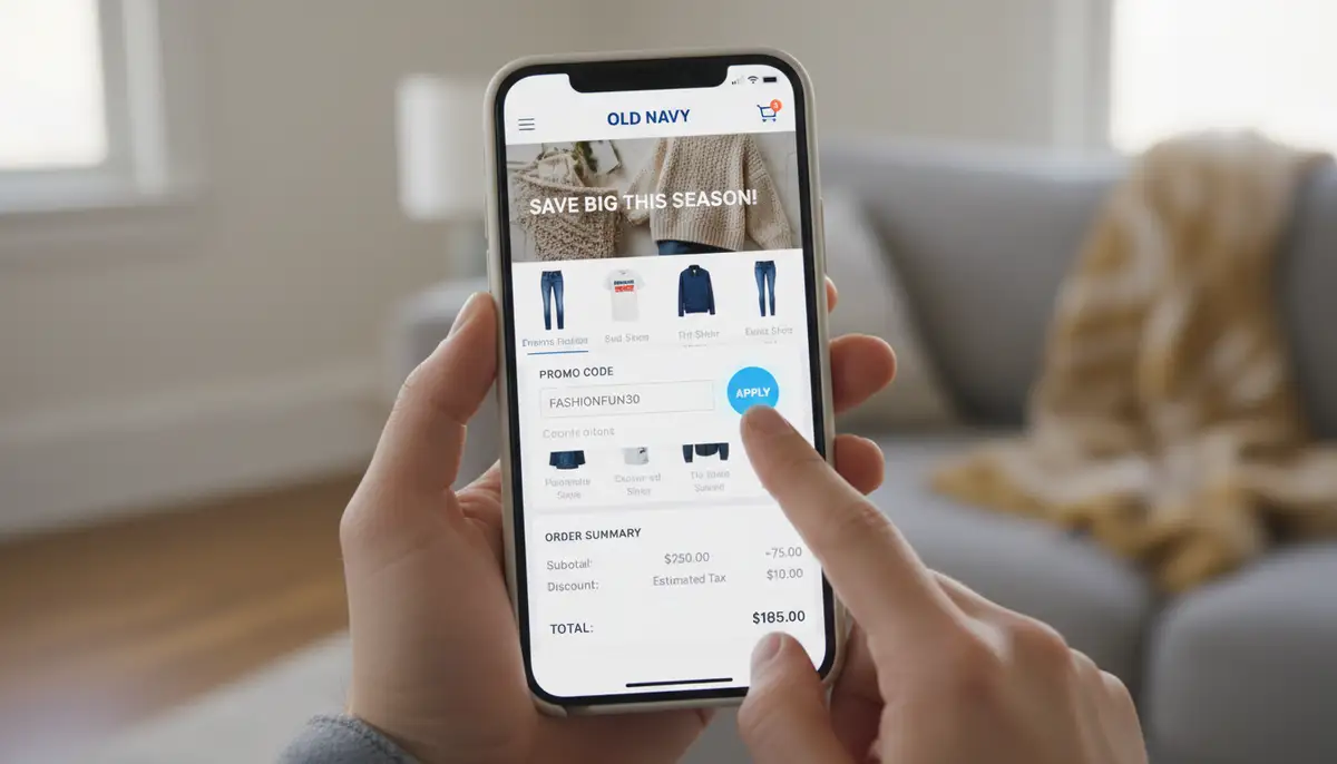 A close-up of a smartphone screen showing the Old Navy app with a promo code input field, a shopping cart icon, and a significant discount applied to the total, with a hand tapping the 'apply' button., high-quality photography, professional lighting, sharp focus, realistic, detailed