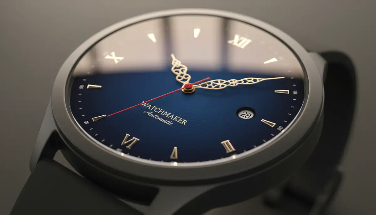 A close-up of a smartwatch screen showcasing a minimalist WatchMaker analog watch face with intricate details and elegant hands, reflecting ambient light., high-quality photography, professional lighting, sharp focus, realistic, detailed