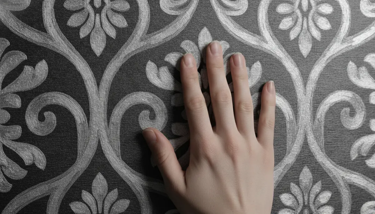 A close-up of a textured black and white wallpaper, showing intricate details and a subtle metallic sheen, with a hand touching it gently., high-quality photography, professional lighting, sharp focus, realistic, detailed
