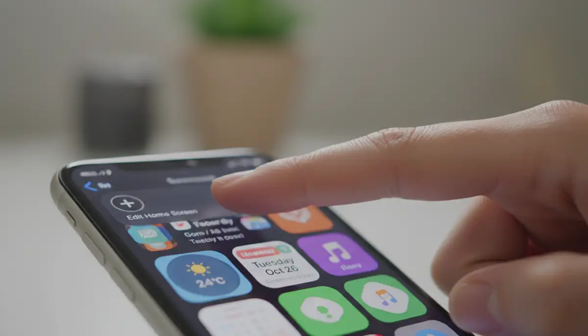 A close-up of a user's finger tapping the '+' icon on an iPhone Home Screen to add a new widget, with a blurred background of colorful custom widgets., high-quality photography, professional lighting, sharp focus, realistic, detailed