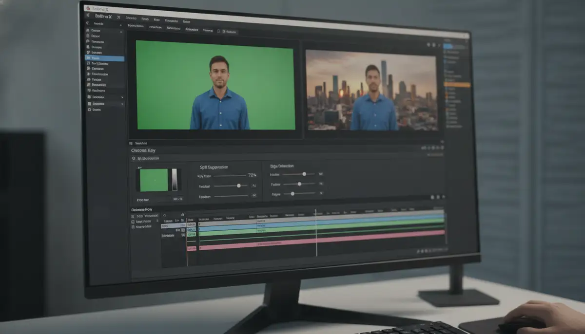 A close-up of a video editing software interface showing the chroma key effect being applied, with a slider for spill suppression and a live preview of the keyed footage., high-quality photography, professional lighting, sharp focus, realistic, detailed