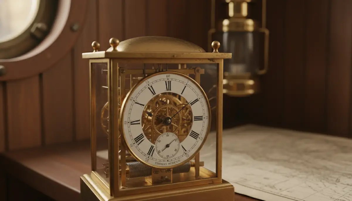 A close-up of a vintage marine chronometer with intricate brass mechanisms, set against a blurred background of an old ship's cabin., high-quality photography, professional lighting, sharp focus, realistic, detailed