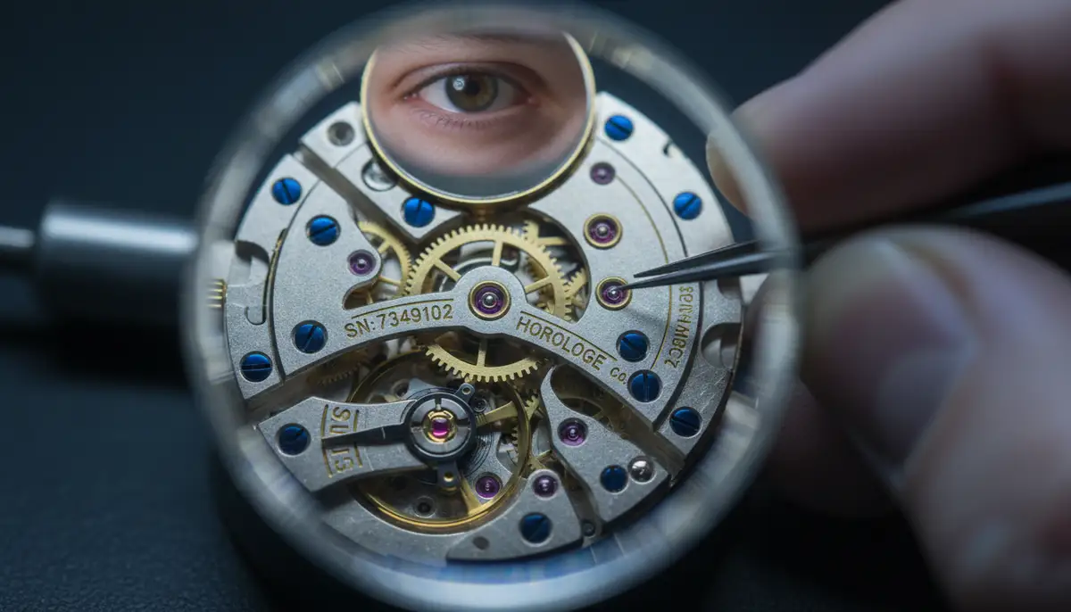 A close-up of a watch movement under a jeweler's loupe, highlighting intricate details and serial numbers, with a professional's hands carefully examining it., high-quality photography, professional lighting, sharp focus, realistic, detailed