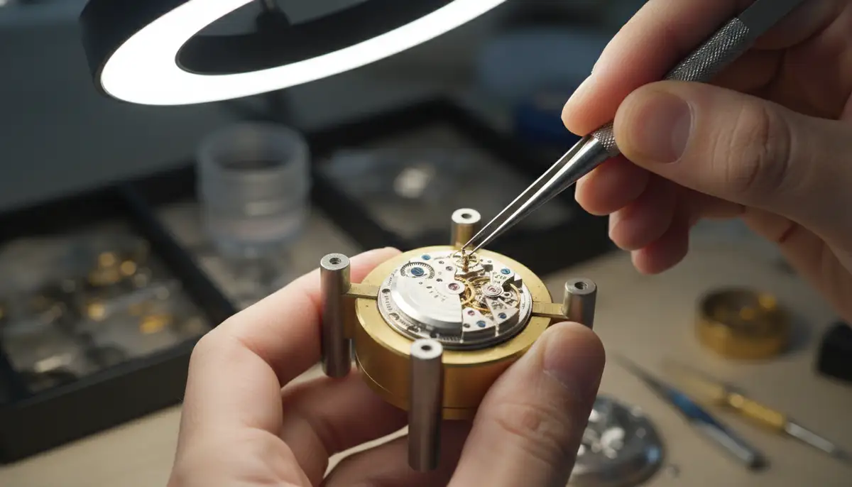 A close-up of a watchmaker's hands carefully disassembling a complex automatic watch movement with specialized tools, under bright light., high-quality photography, professional lighting, sharp focus, realistic, detailed