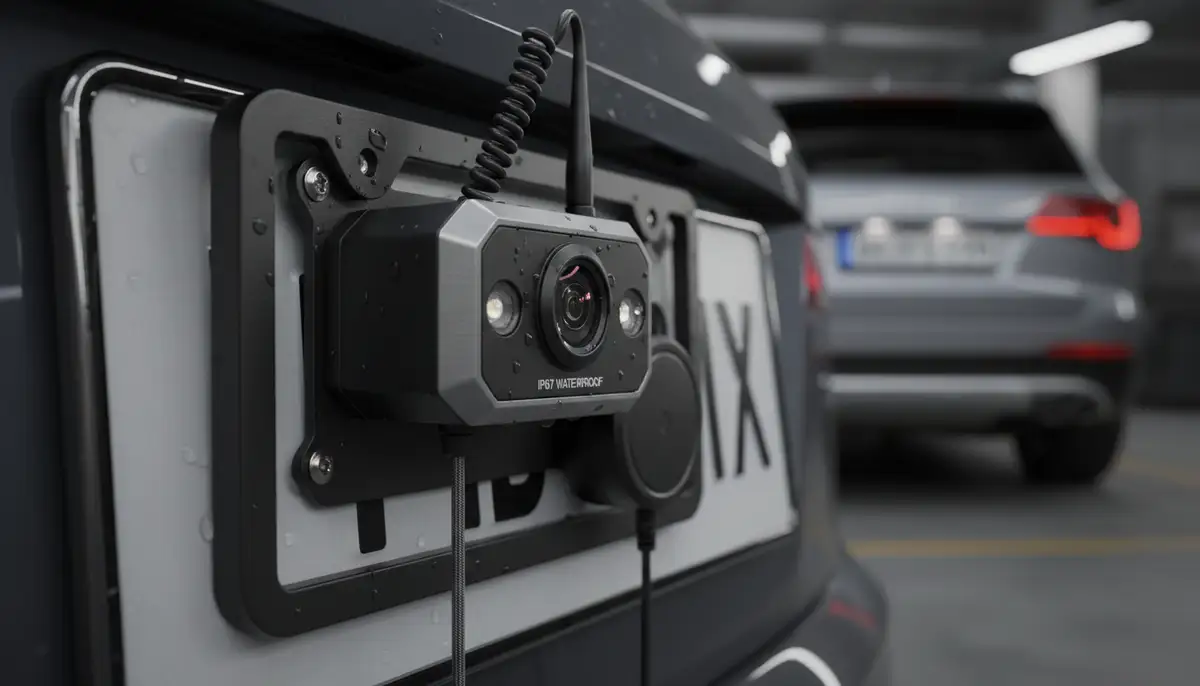 A close-up of a wireless reverse camera mounted on a car's license plate frame, with a clear view of its robust, waterproof design., high-quality photography, professional lighting, sharp focus, realistic, detailed