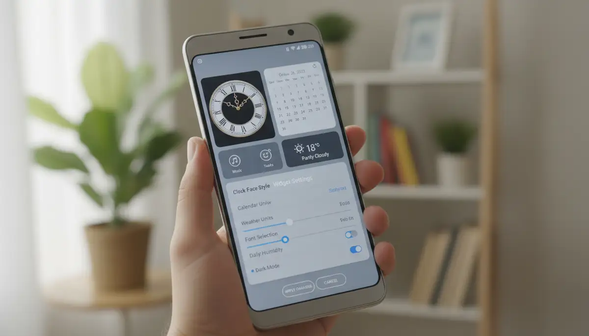 A close-up of an Android phone displaying a complex, multi-functional custom widget, perhaps combining a clock, calendar, and weather, with settings options open on the screen for customization., high-quality photography, professional lighting, sharp focus, realistic, detailed