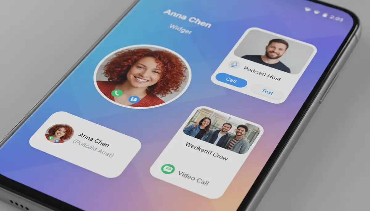 A close-up of an Android phone home screen displaying various contact widgets, showing different customization options like photos and quick action buttons. Bright and modern aesthetic., high-quality photography, professional lighting, sharp focus, realistic, detailed