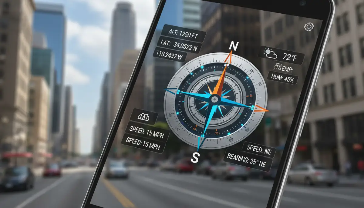 A close-up of an Android phone screen displaying a highly customizable compass widget with various data points like altitude, latitude, and longitude, against a blurred urban background., high-quality photography, professional lighting, sharp focus, realistic, detailed