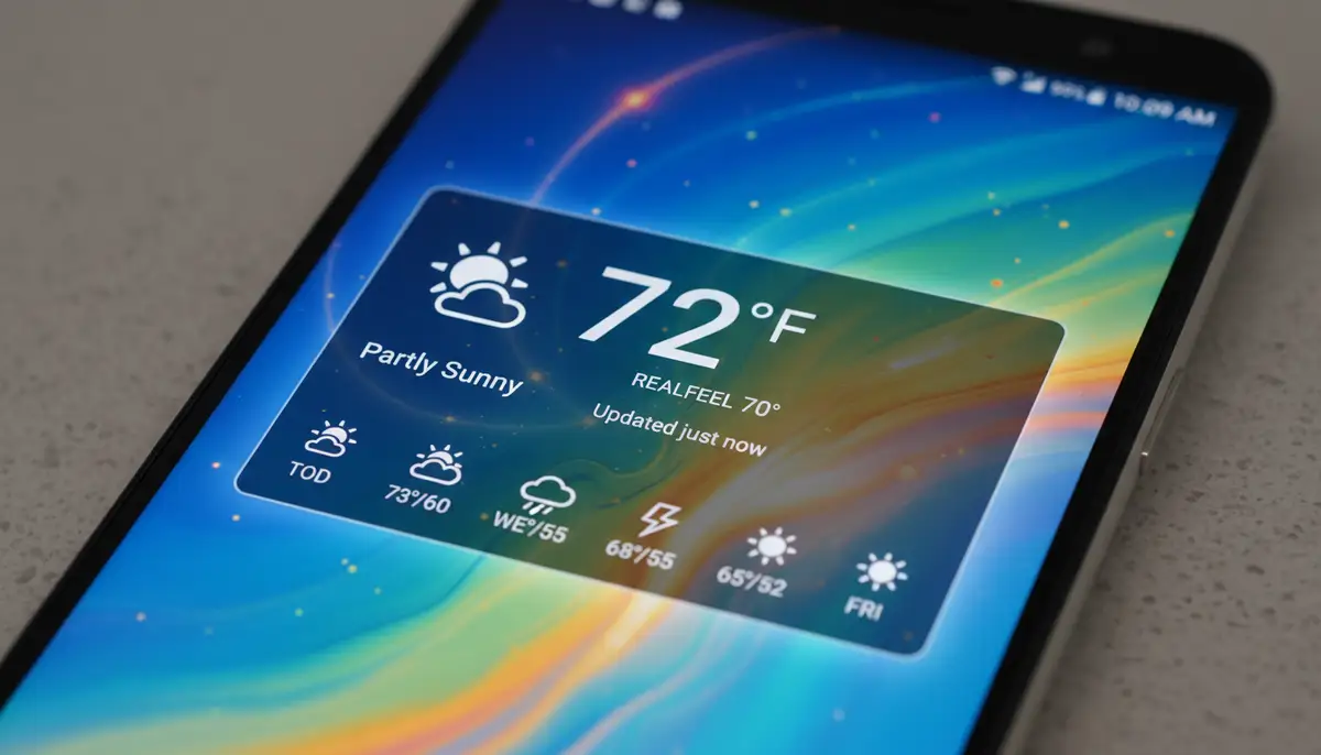 A close-up of an Android phone screen displaying a modern AccuWeather widget with clear weather icons and temperature, integrated seamlessly into a vibrant wallpaper., high-quality photography, professional lighting, sharp focus, realistic, detailed